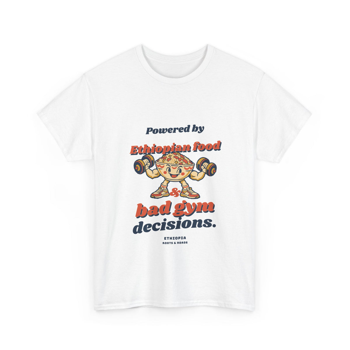 White Ethiopia Bad Gym Decisions T-Shirt with vintage food-lifter illustration, front view.