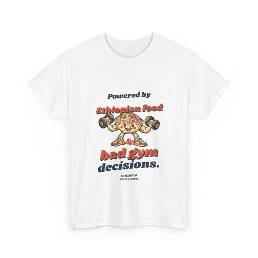 White Ethiopia Bad Gym Decisions T-Shirt with vintage food-lifter illustration, front view.