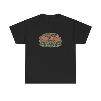 Roots & Roads Hungarian Thing T-shirt in Black, flat front view with expressive rust and cream lettering, teal shadows and an integrated Chain Bridge illustration. You wouldn’t get it. It’s a Hungarian thing.