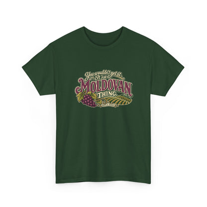 Moldova Moldovan Thing T-shirt in Forest Green, shaped front view with burgundy Moldovan lettering, cream script, grapes and vineyard rows. Roots & Roads.