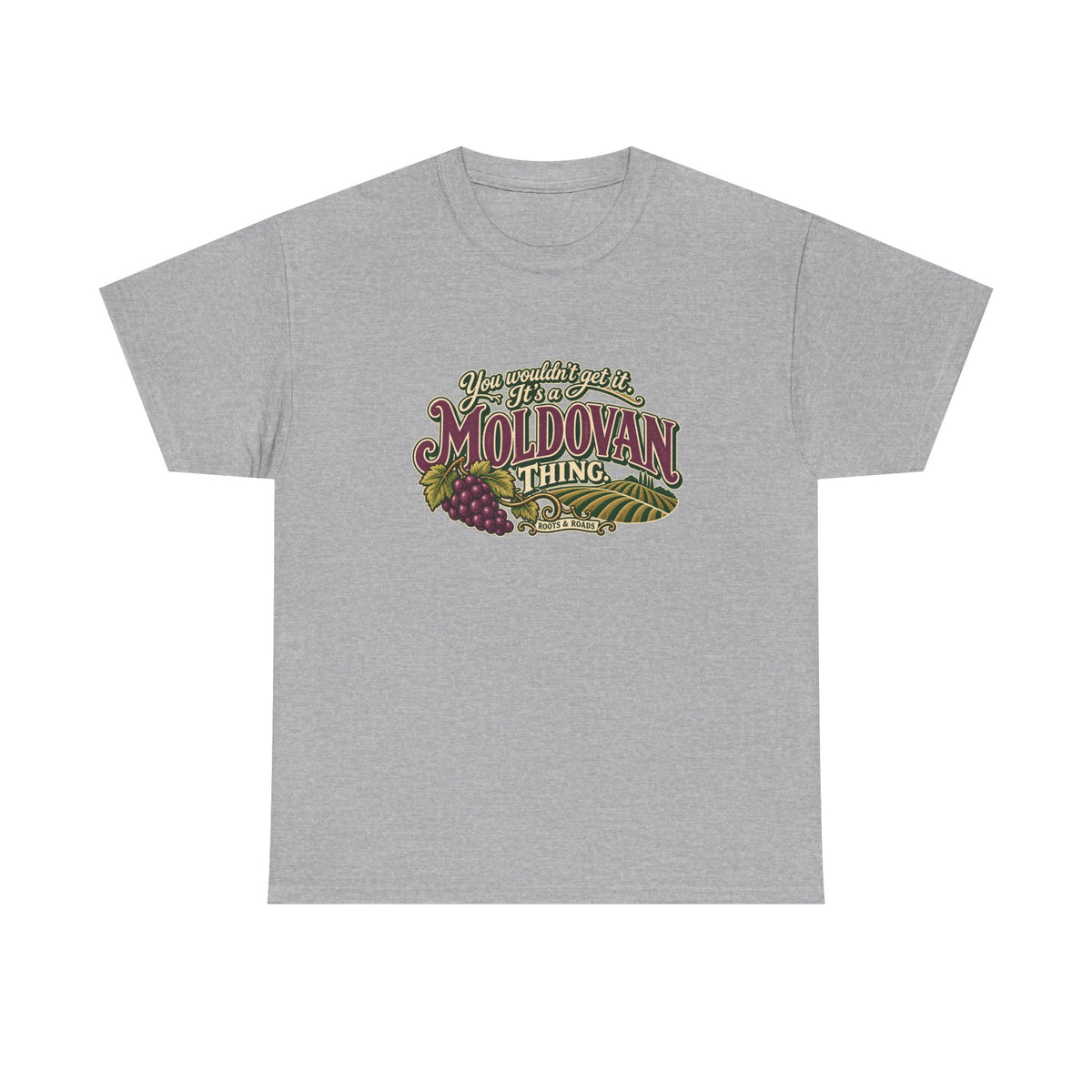 Moldova Moldovan Thing T-shirt in Sport Grey, flat front view with burgundy Moldovan lettering, cream script, grapes and vineyard rows. Roots & Roads.
