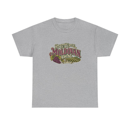 Moldova Moldovan Thing T-shirt in Sport Grey, flat front view with burgundy Moldovan lettering, cream script, grapes and vineyard rows. Roots & Roads.