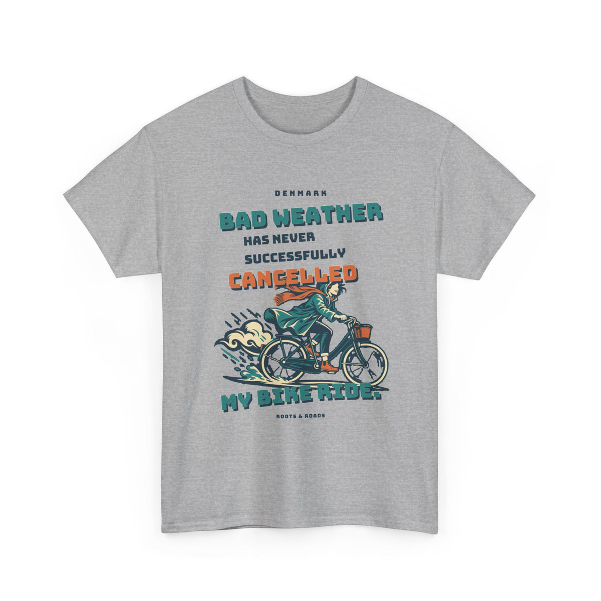 Denmark All-Weather Bike Ride T-Shirt in Sport Grey, with bold retro lettering and a raincoat-clad cyclist by Roots & Roads.