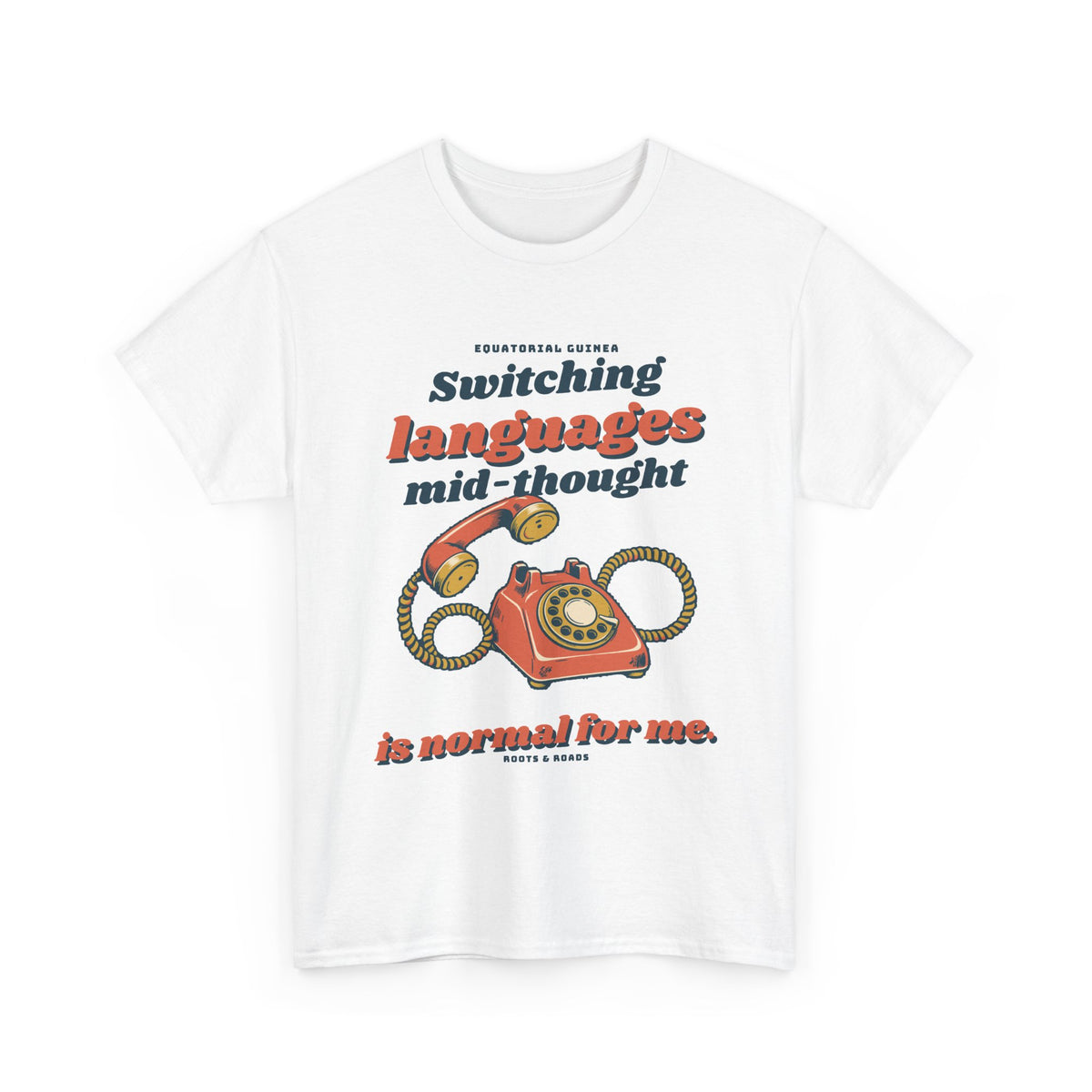 Equatorial Guinea Switching Languages T-Shirt — White — front retro telephone artwork by Roots & Roads