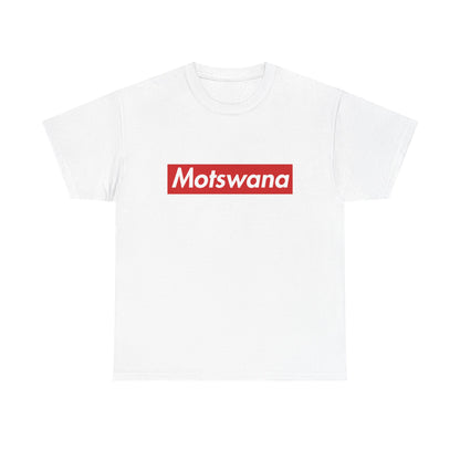 White T-shirt with a red rectangular Motswana wordmark in white italic lettering