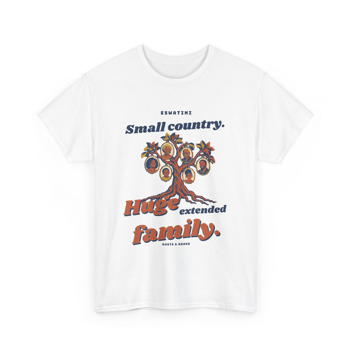 White Eswatini Extended Family T-Shirt with a branching family tree, portraits and bold vintage lettering, front view.