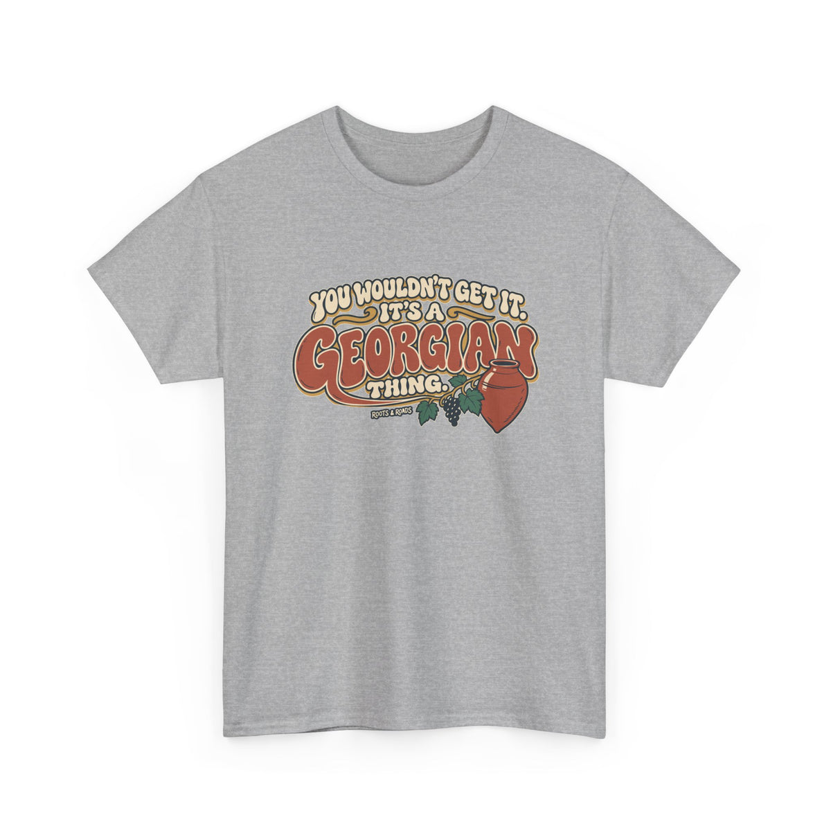 Sport Grey Georgia Georgian Thing T-shirt, draped front view, with oversized retro lettering, a qvevri vessel and grapevine.