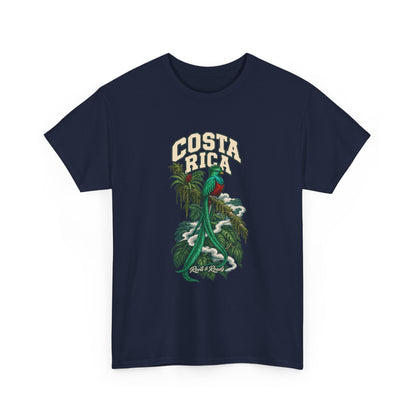 Front view of a Navy Gildan 5000 T-shirt with cream COSTA RICA lettering, a green-and-red quetzal with long tail feathers, leafy branches, cloud curls and Roots & Roads script.