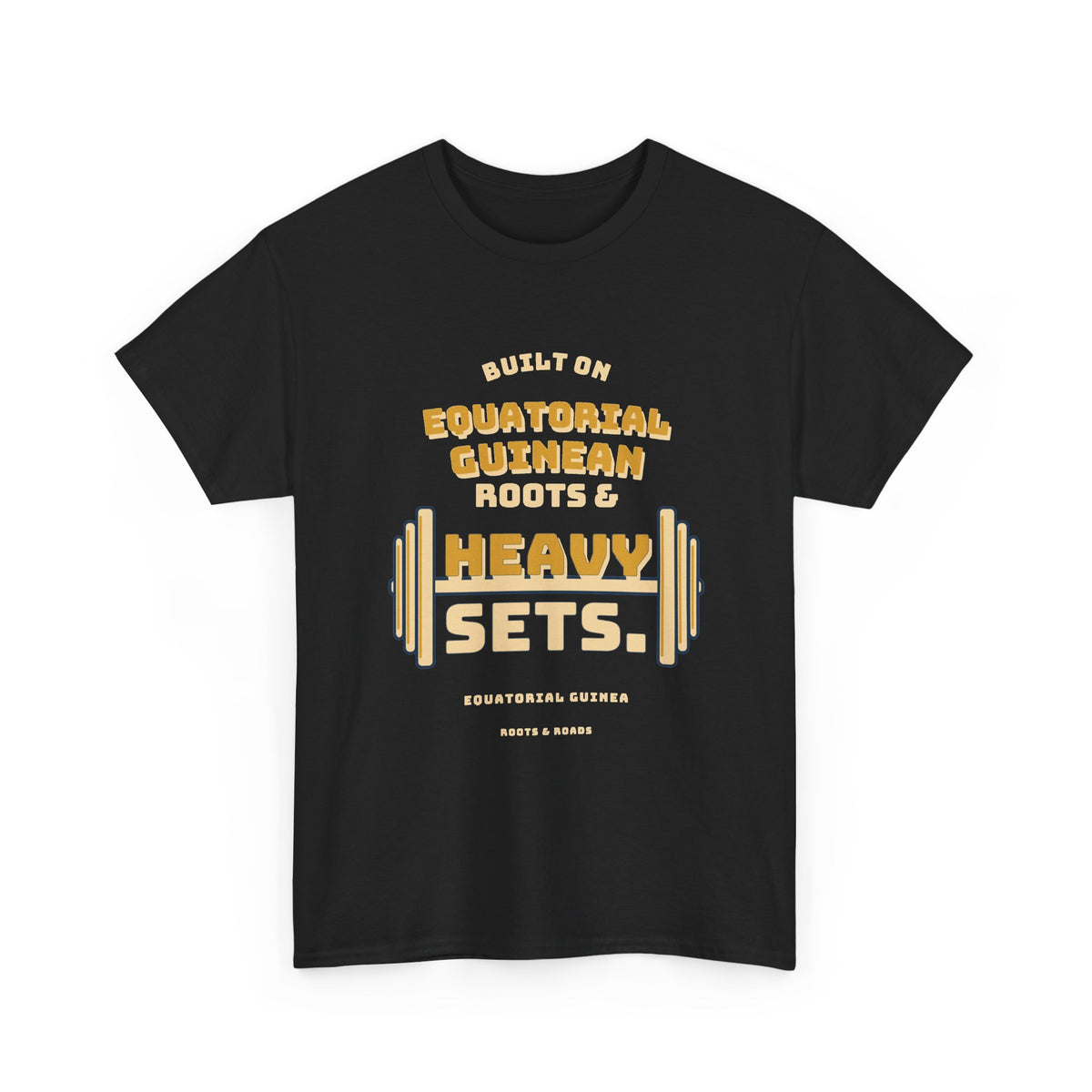 Equatorial Guinea Heavy Sets Gym T-Shirt — Black — front vintage strength artwork by Roots & Roads