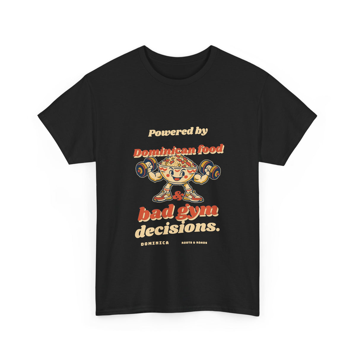 Dominica Bad Gym Decisions T-Shirt in Black, front view with retro lettering and an illustrated food bowl lifting weights.