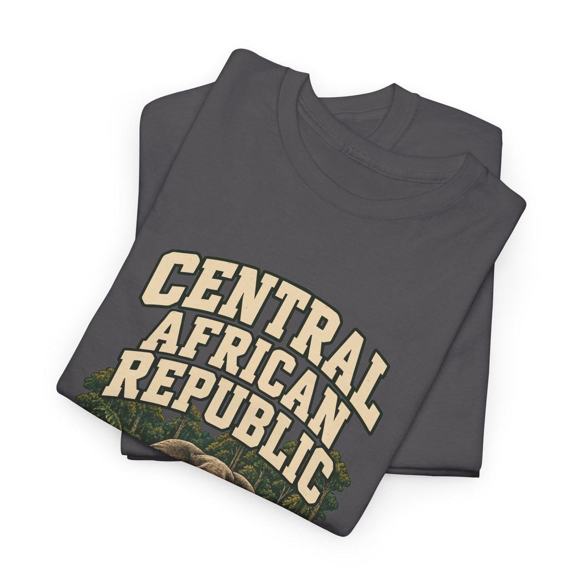 Folded Charcoal Central African Republic Fresh Prints T-shirt showing cream three-line CENTRAL AFRICAN REPUBLIC lettering above forest foliage.