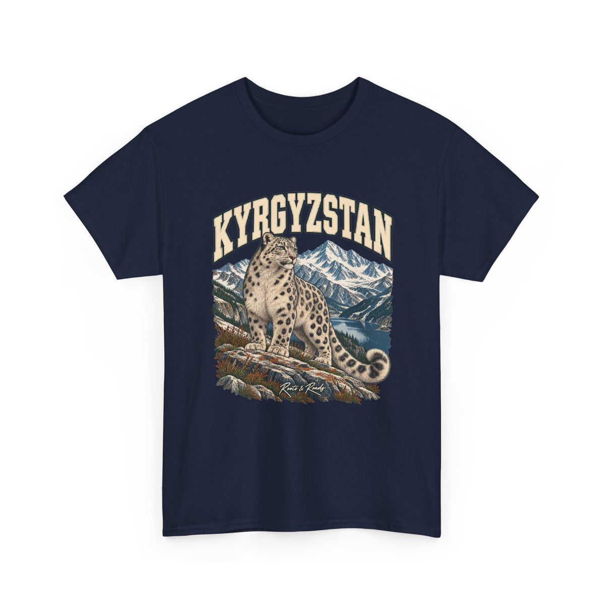 Front view of a Navy Gildan 5000 T-shirt with cream KYRGYZSTAN lettering, a snow leopard on a rocky ledge, a mountain lake and snowy peaks, and Roots & Roads script.