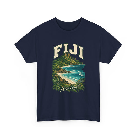 Front view of a Navy Gildan 5000 T-shirt with cream FIJI lettering above a green island ridge, pale beaches, turquoise waves and shoreline plants, finished with Roots & Roads script.