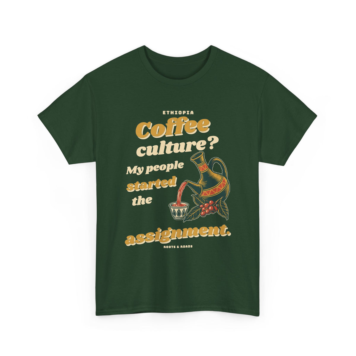 Forest Green Ethiopia Coffee Culture T-Shirt with expressive vintage lettering, a pouring jebena and coffee branch, front view.