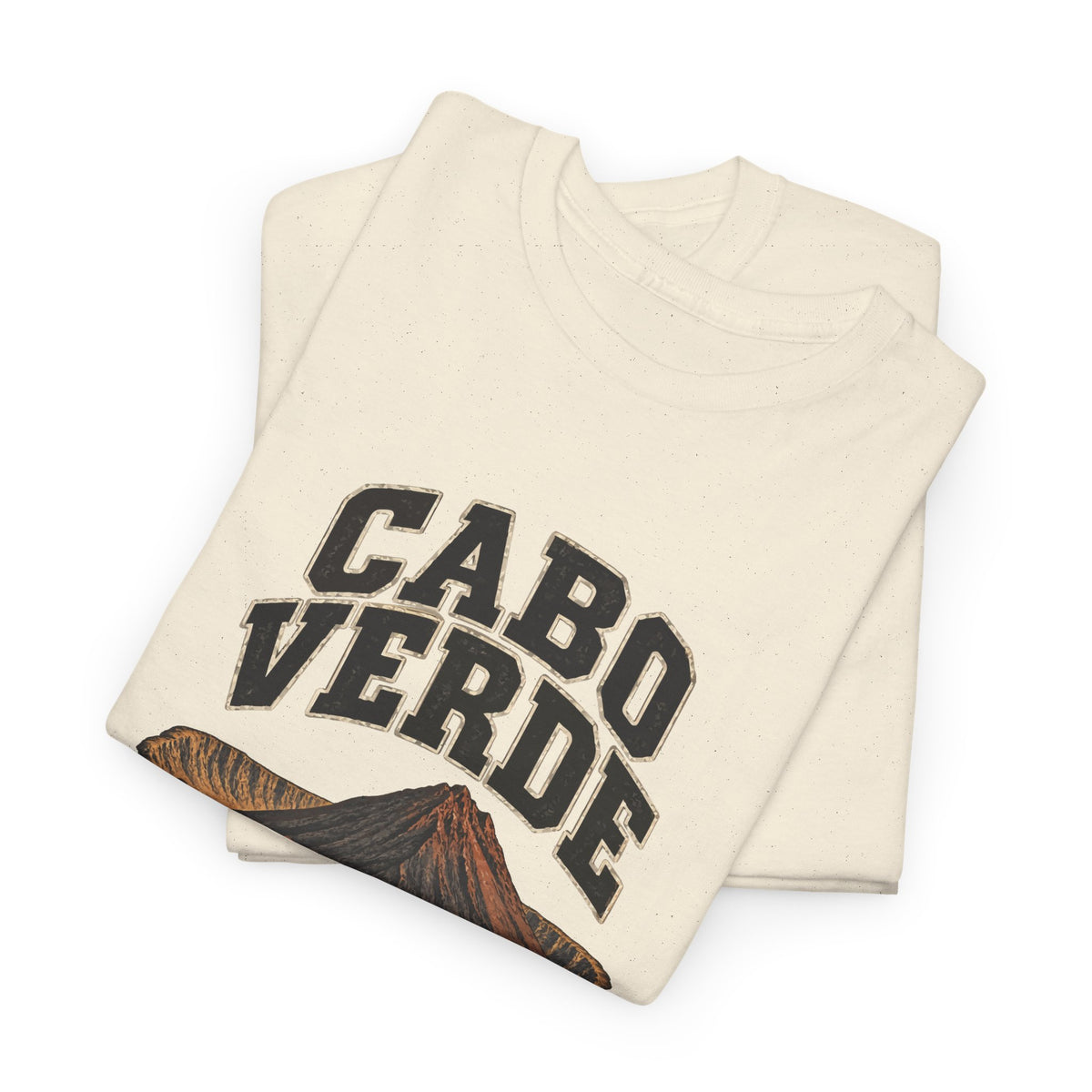 Folded Natural Cabo Verde Fresh Prints T-shirt showing two-line dark country lettering and a rust-and-charcoal volcanic cone.