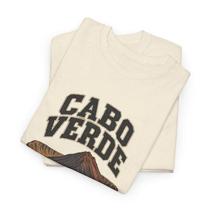 Folded Natural Cabo Verde Fresh Prints T-shirt showing two-line dark country lettering and a rust-and-charcoal volcanic cone.