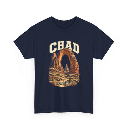 Front view of a Navy Gildan 5000 T-shirt with cream CHAD lettering above an ochre sandstone arch and desert rock pinnacles, finished with Roots & Roads script.