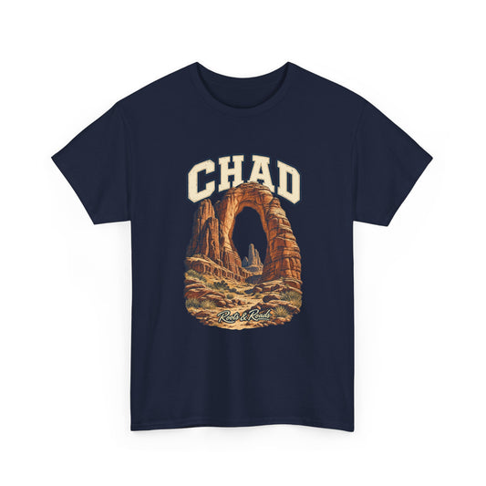 Front view of a Navy Gildan 5000 T-shirt with cream CHAD lettering above an ochre sandstone arch and desert rock pinnacles, finished with Roots & Roads script.