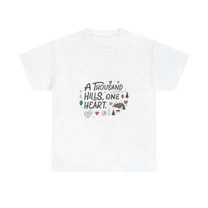 Front view of the Rwanda Thousand Hills, One Heart T-Shirt