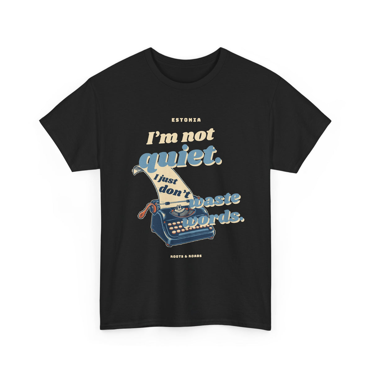 Estonia Waste No Words T-Shirt in Black — front view with bold vintage lettering and integrated typewriter artwork.