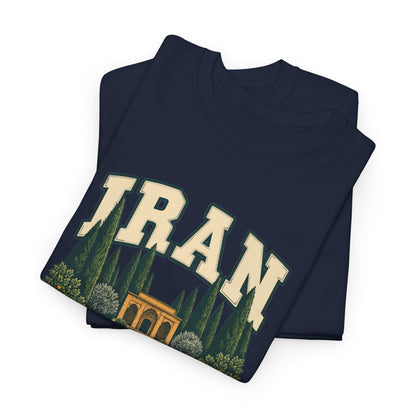 Folded Navy Iran Fresh Prints T-shirt showing cream country lettering and part of the illustration.