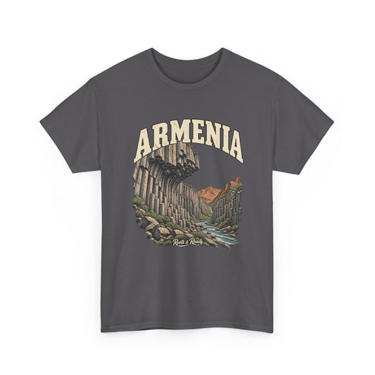 Charcoal Armenia Fresh Prints T-shirt, front view with cream arched lettering, basalt columns, rocky stream and Roots & Roads signature.