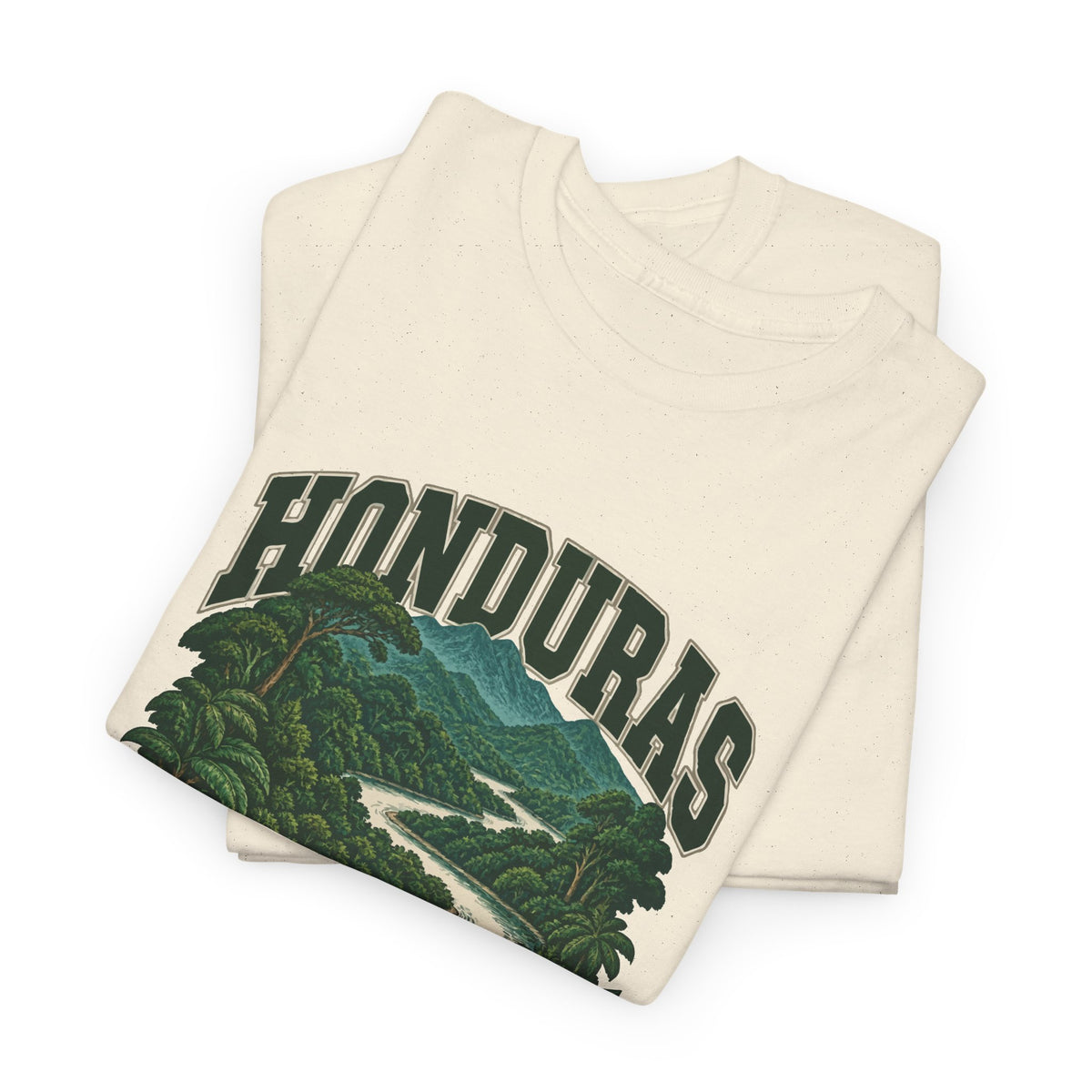 Folded Natural Honduras Fresh Prints T-shirt showing green country lettering and part of the illustration.