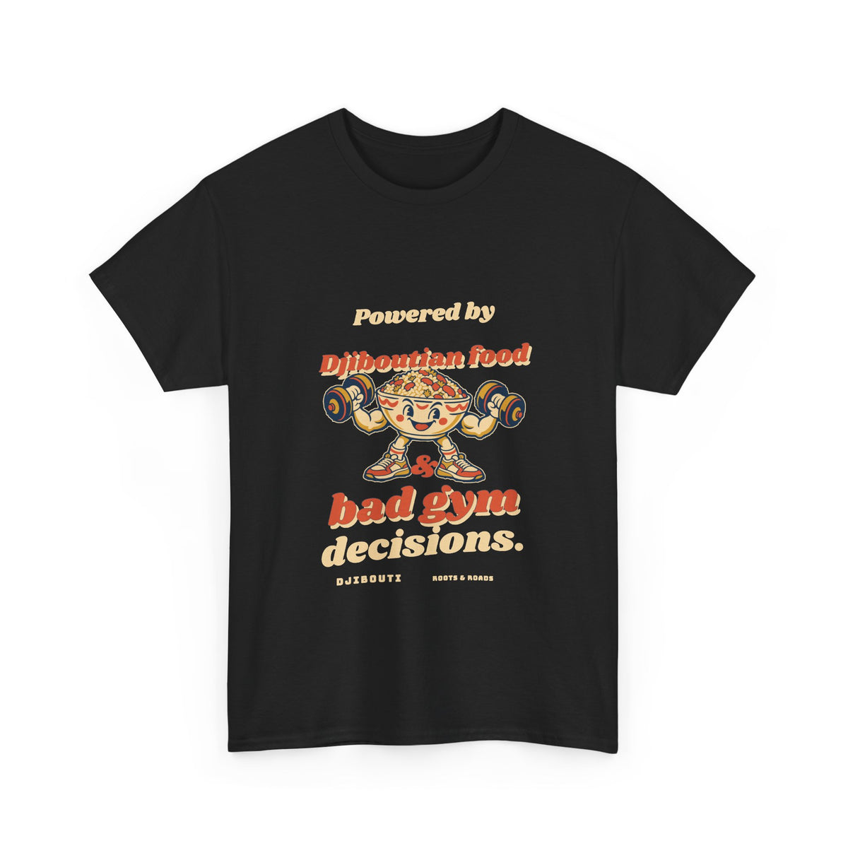 Djibouti Bad Gym Decisions T-Shirt in Black, with rounded vintage lettering and a playful food-bowl lifter on the front.