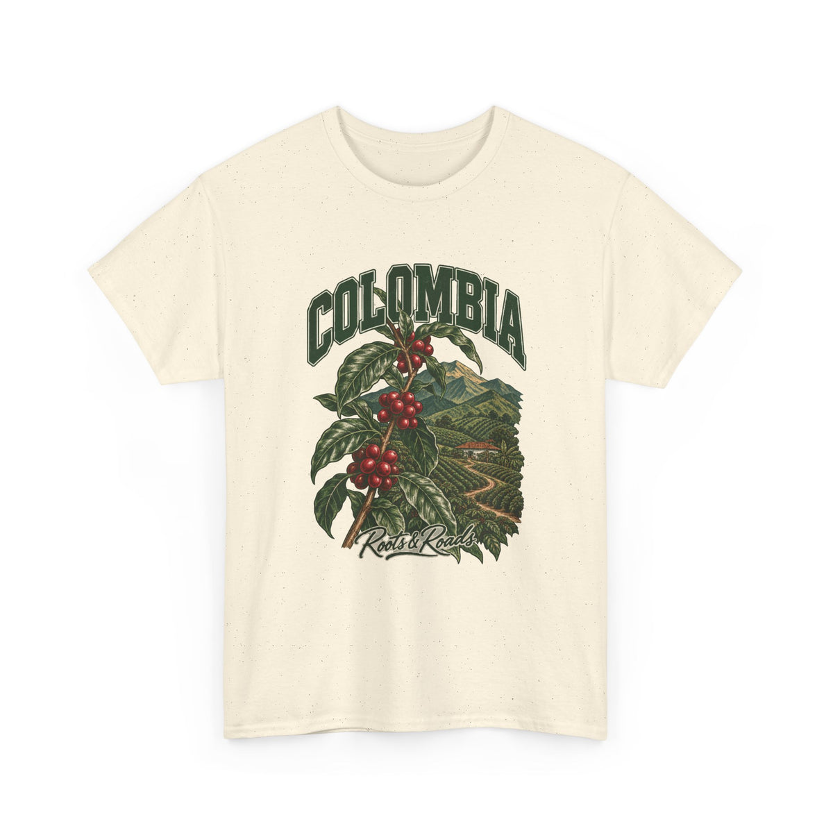 Front view of a Natural Gildan 5000 T-shirt with green COLOMBIA lettering above a coffee branch with red cherries and cultivated hills, finished with Roots & Roads script.