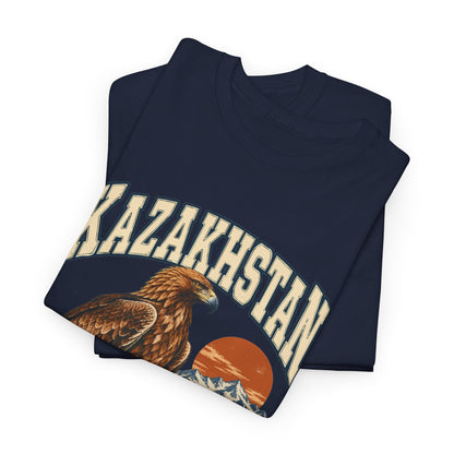 Folded Navy Kazakhstan Fresh Prints T-shirt showing the country lettering and part of the illustration.