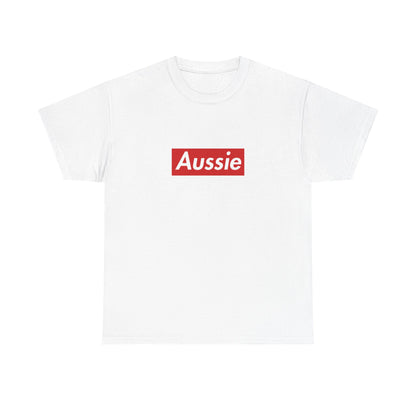 White T-shirt with a red rectangular Aussie wordmark in white italic lettering