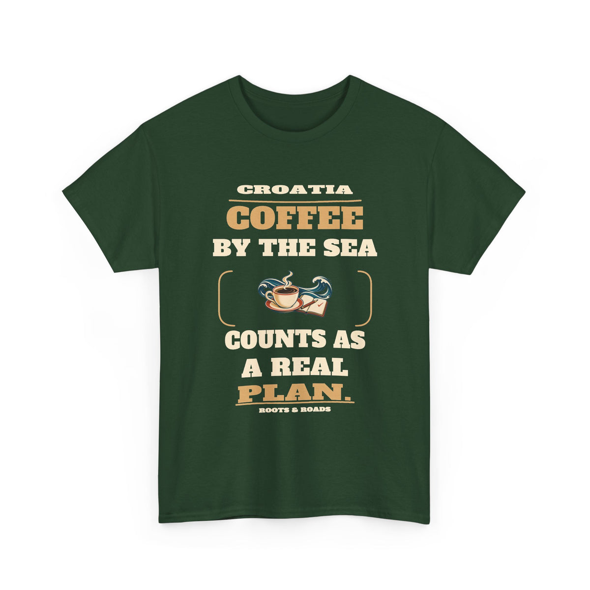 Croatia Coffee by the Sea T-Shirt in Forest Green — Coffee by the sea counts as a real plan.