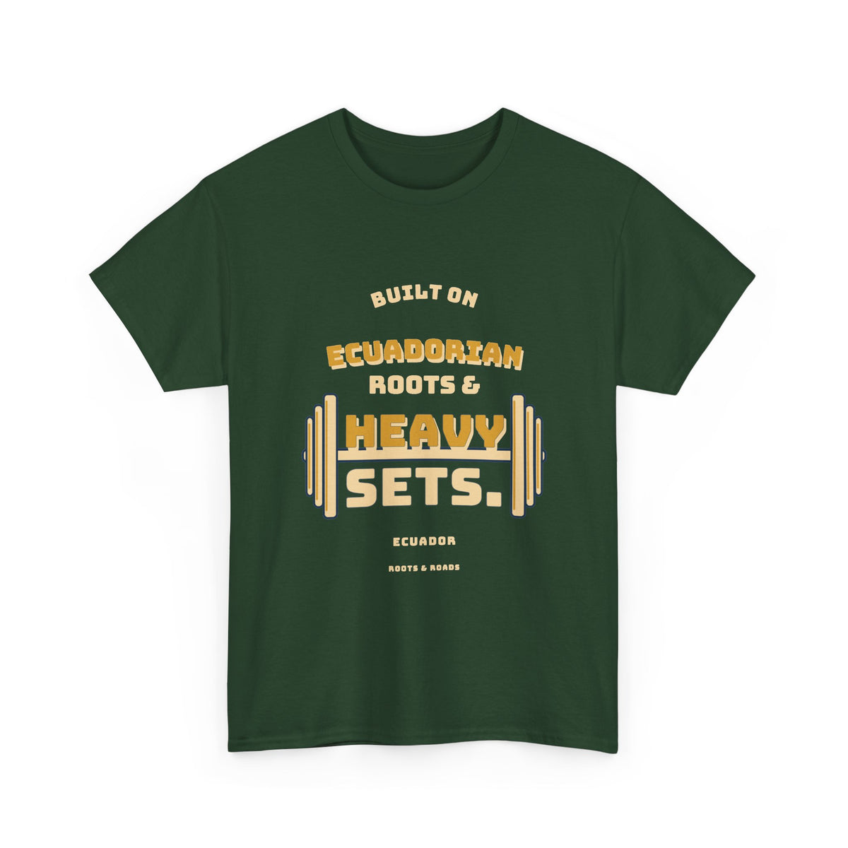 Ecuador Heavy Sets Gym T-Shirt in Forest Green — vintage athletic lettering and loaded weights; front design.