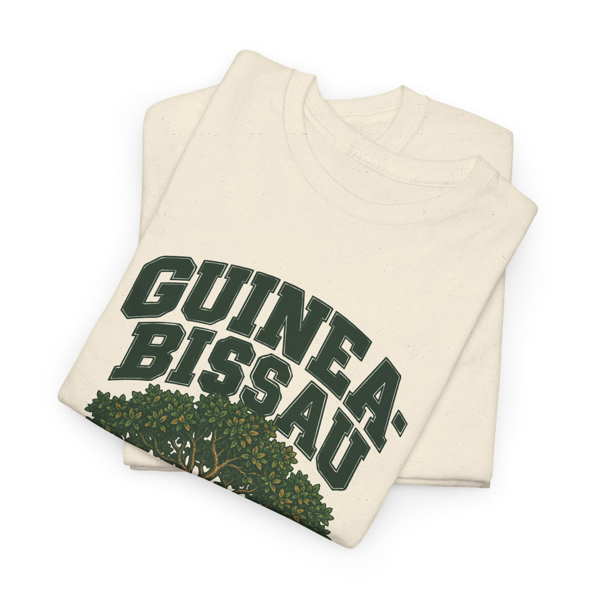 Folded Natural Guinea-Bissau Fresh Prints T-shirt showing dark-green two-line country lettering and part of the illustration.