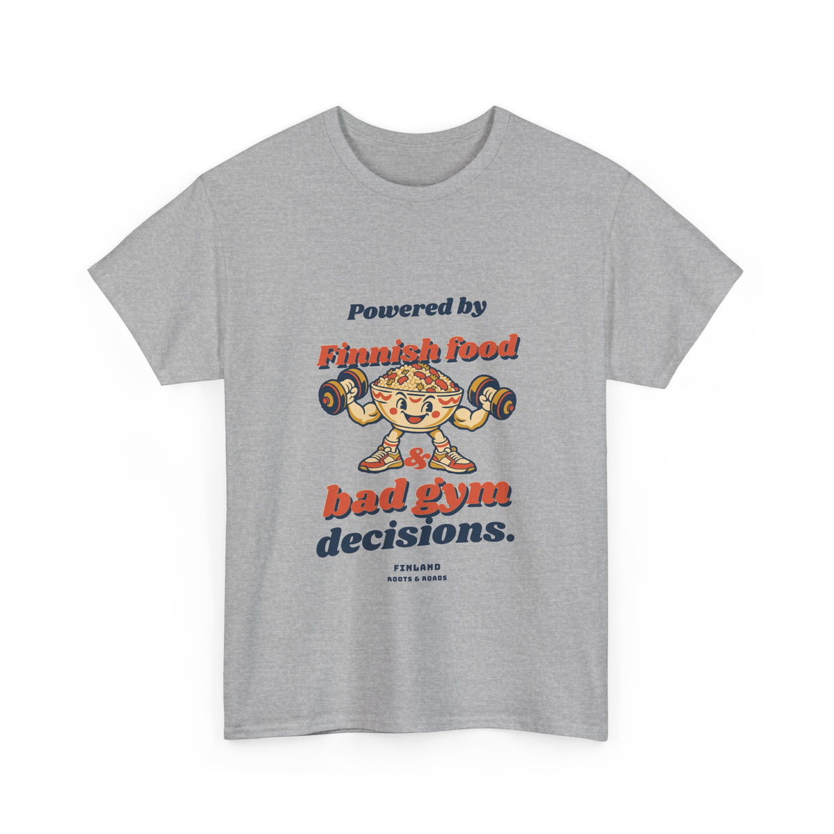 Finland Bad Gym Decisions T-Shirt in Sport Grey — front retro Finnish food lettering and a playful food character lifting weights.