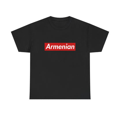 Black T-shirt with a red rectangular Armenian wordmark in white italic lettering