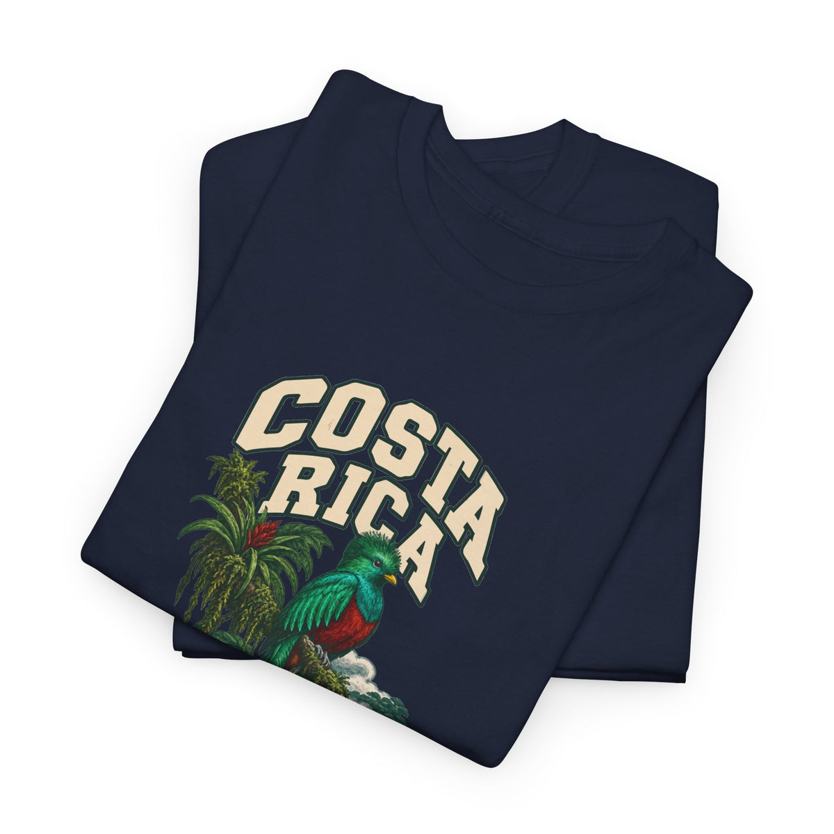 Folded Navy Costa Rica Fresh Prints Vintage T-Shirt showing the upper portion of its country lettering and illustrated front print.