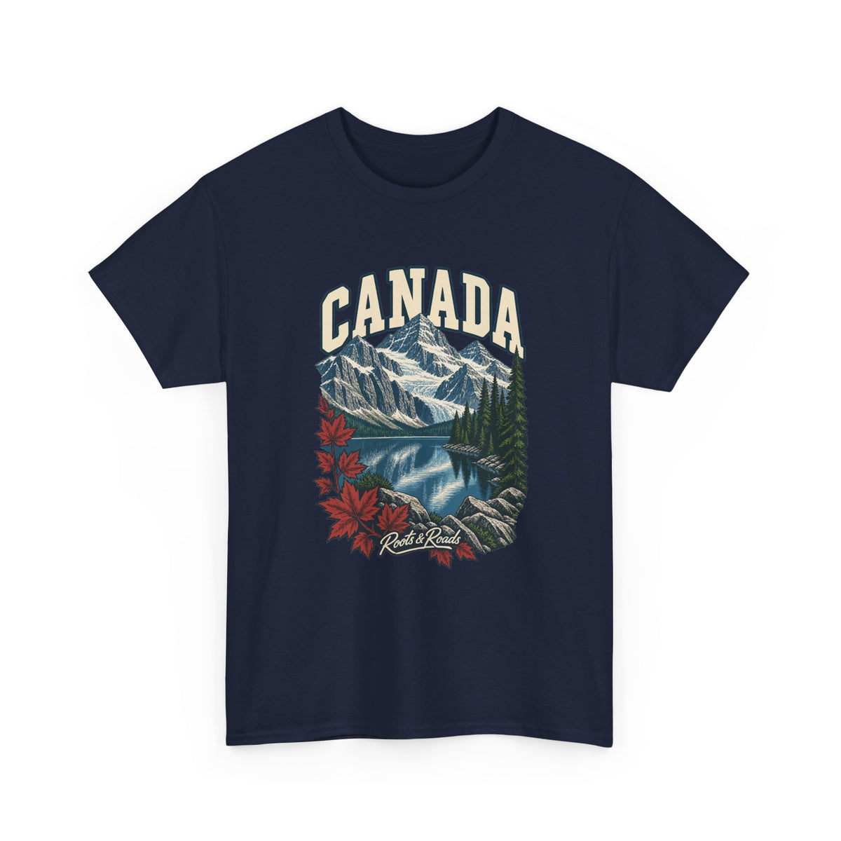Front view of a Navy Gildan 5000 T-shirt with cream CANADA lettering above snow-lined peaks, a blue lake, conifers and red maple leaves, finished with Roots & Roads script.