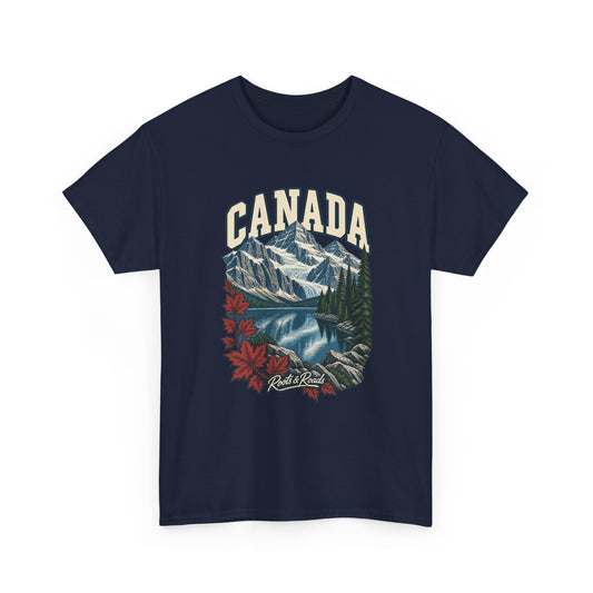 Front view of a Navy Gildan 5000 T-shirt with cream CANADA lettering above snow-lined peaks, a blue lake, conifers and red maple leaves, finished with Roots & Roads script.