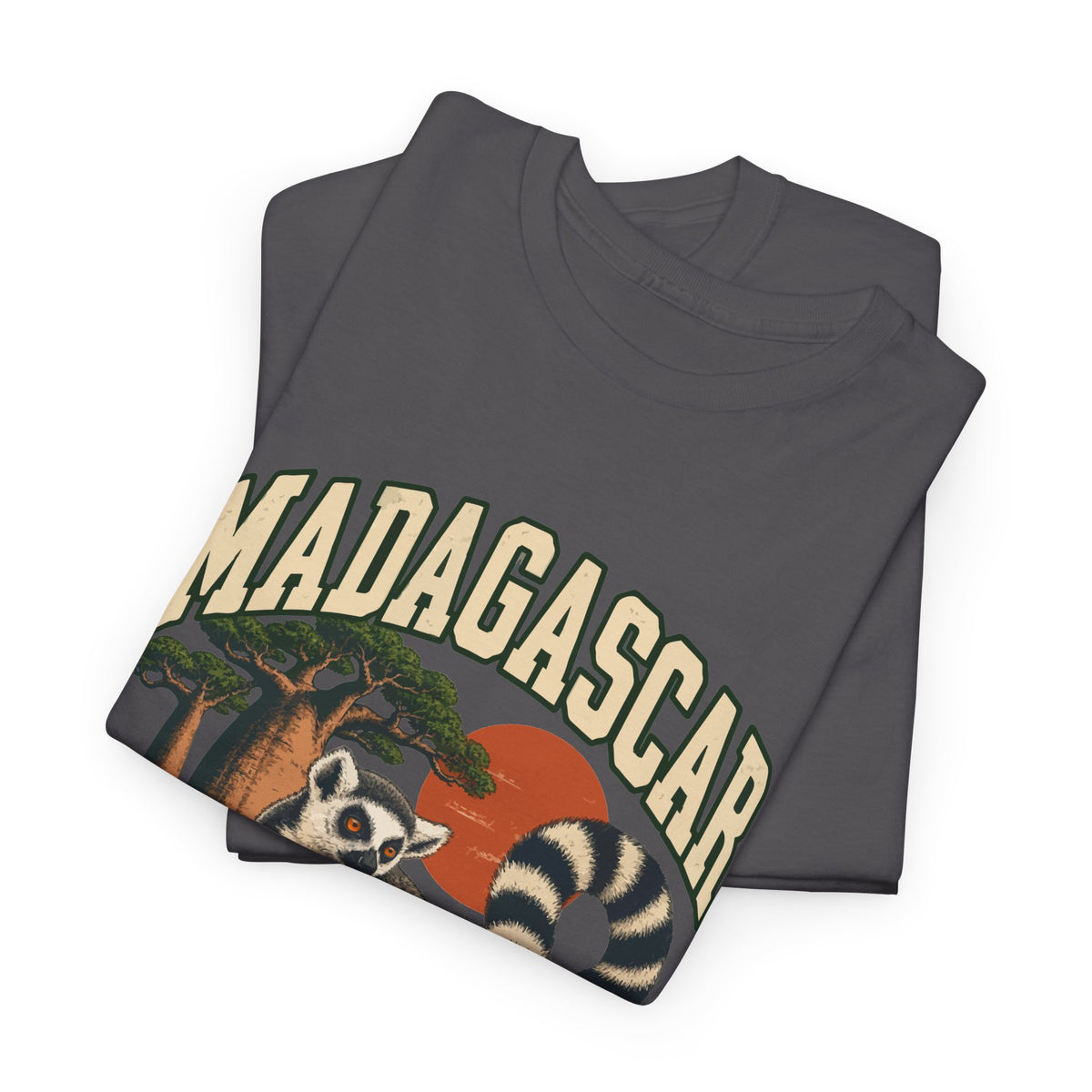 Folded Charcoal Madagascar Fresh Prints T-shirt showing the country lettering and part of the illustration.