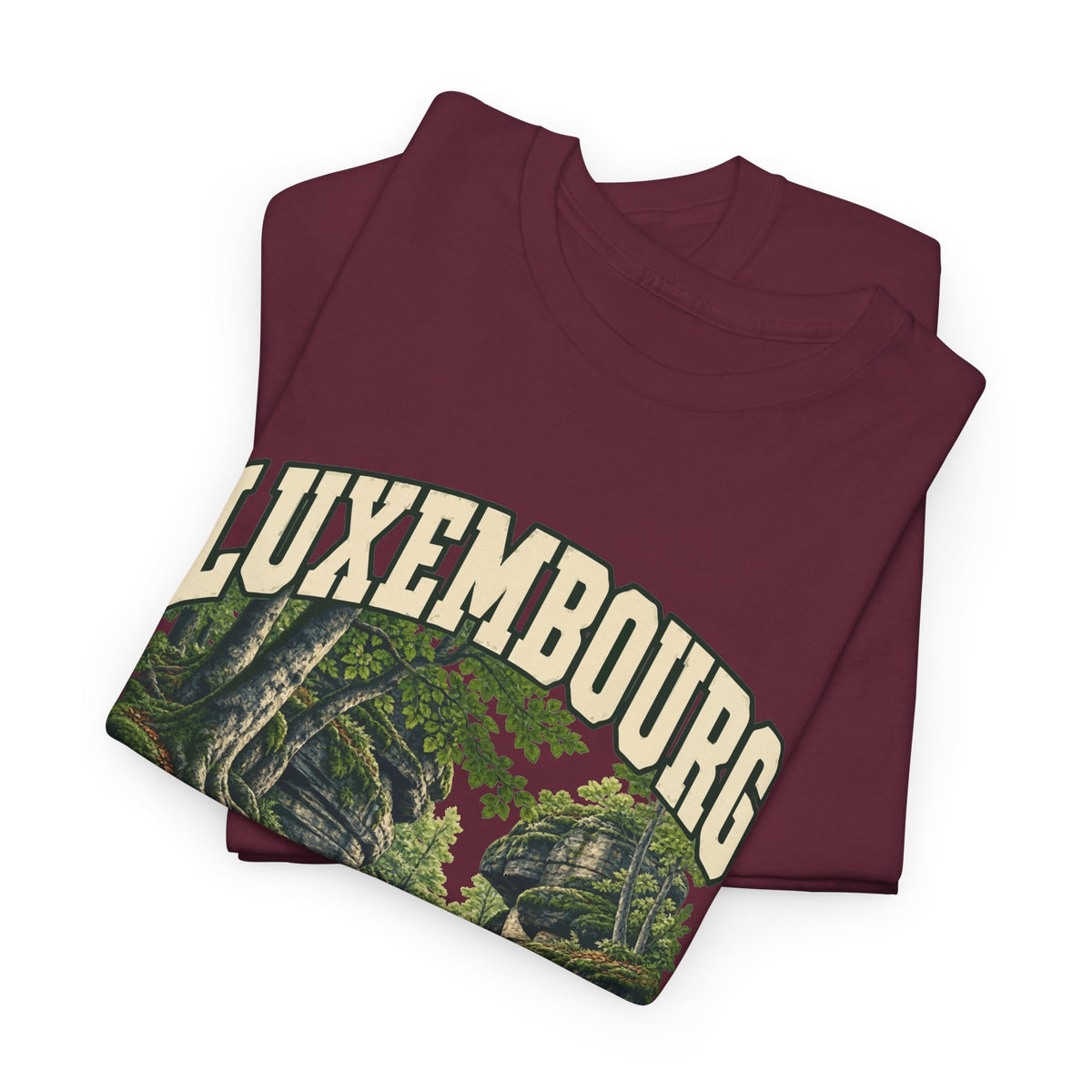 Folded Maroon Luxembourg Fresh Prints T-shirt showing the country lettering and part of the illustration.