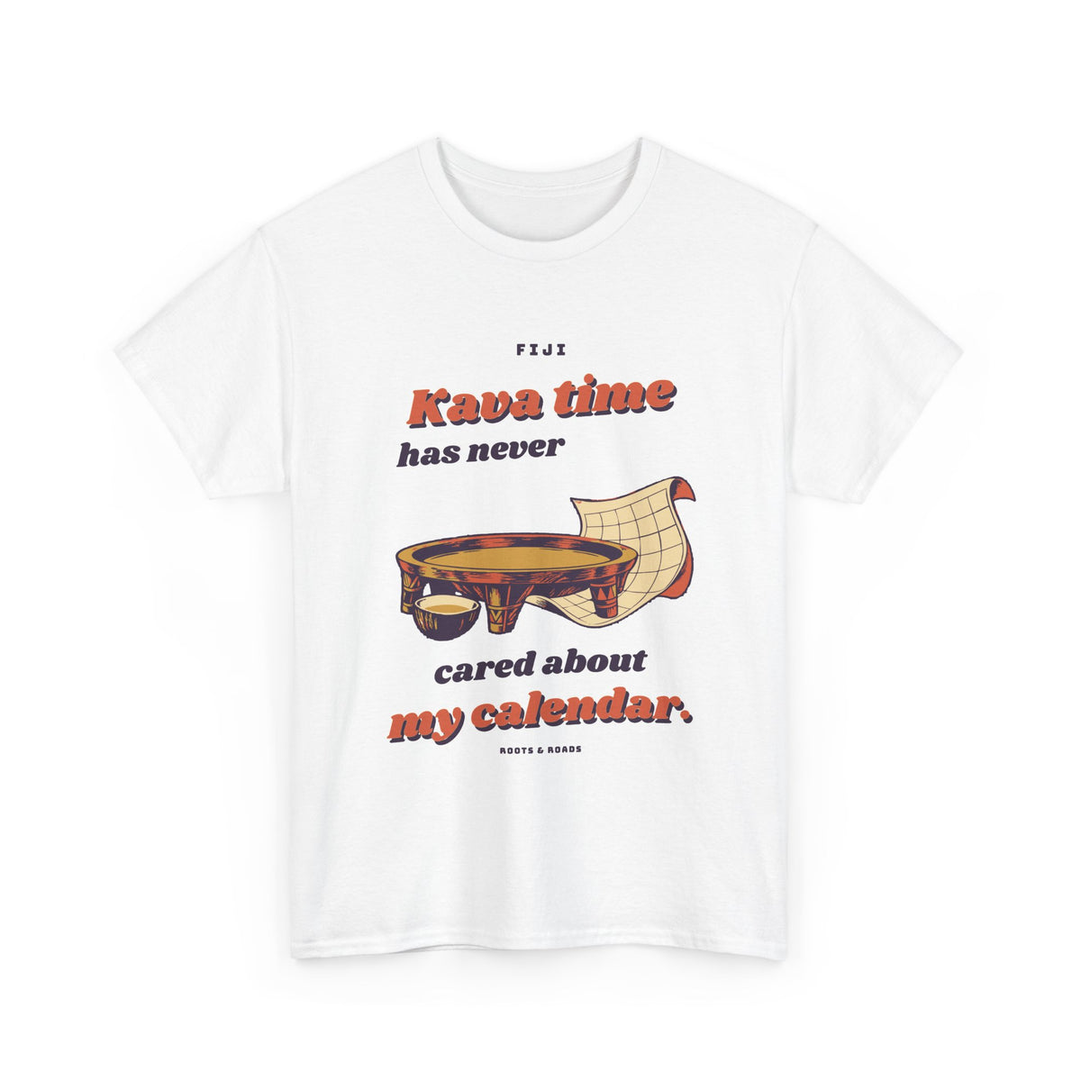 Fiji Kava Calendar T-Shirt in White — front retro kava-time lettering with a tanoa bowl and curling calendar illustration.