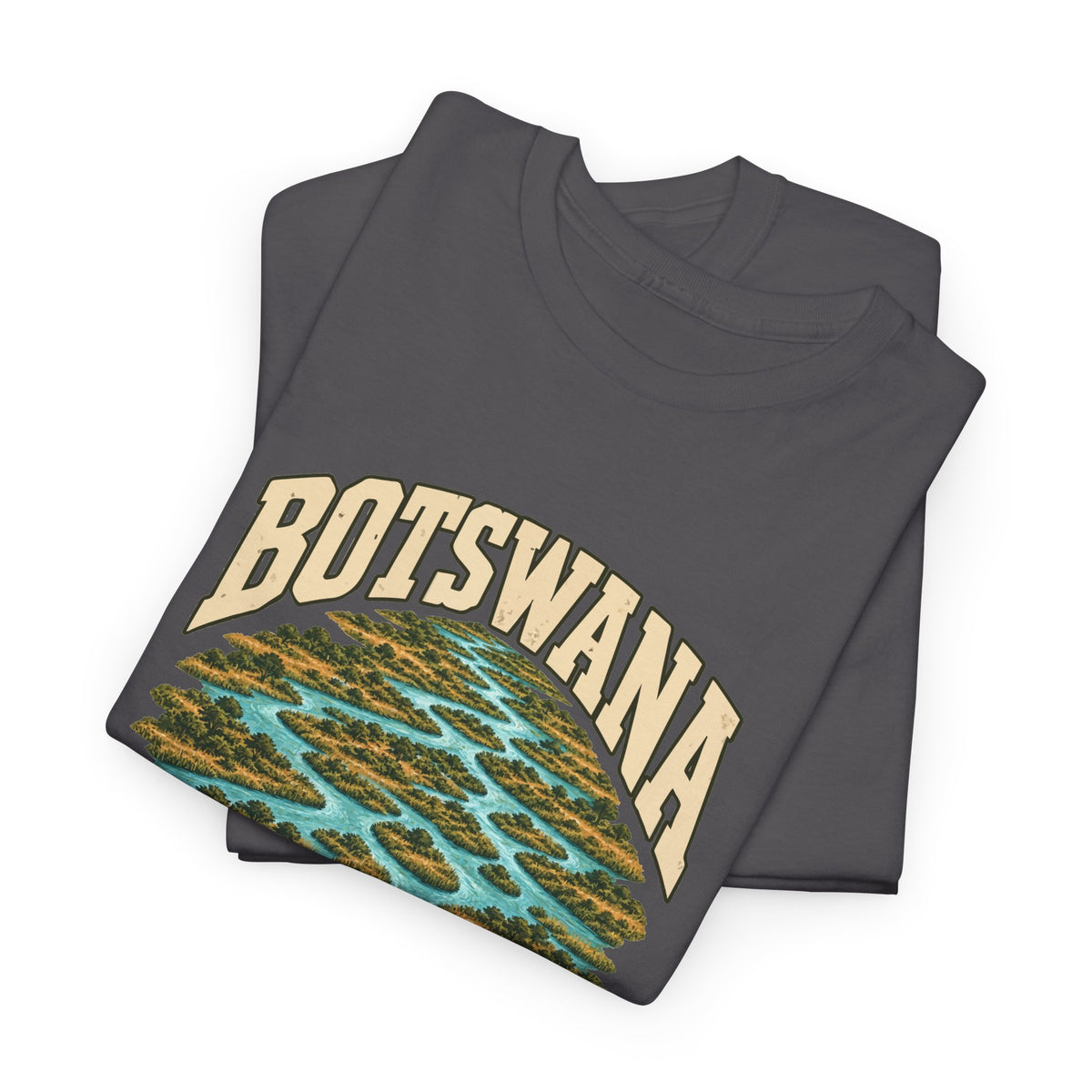 Folded Charcoal Botswana Fresh Prints T-shirt showing cream BOTSWANA lettering and branching turquoise waterways between golden reed islands.
