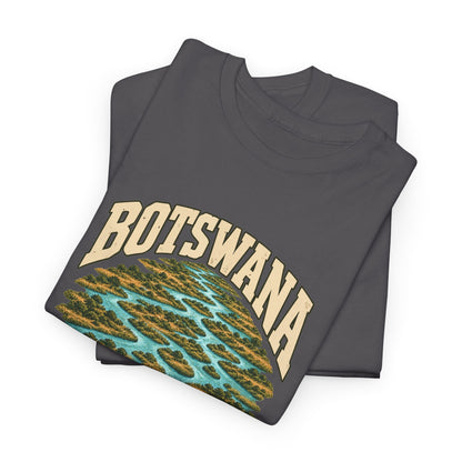 Folded Charcoal Botswana Fresh Prints T-shirt showing cream BOTSWANA lettering and branching turquoise waterways between golden reed islands.