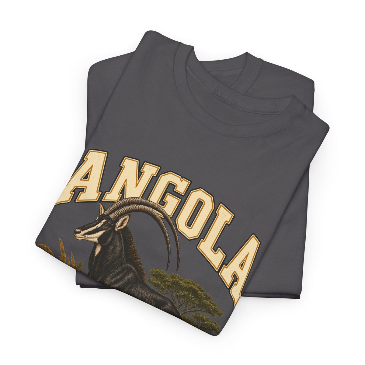 Folded Charcoal Angola Fresh Prints T-shirt showing cream collegiate ANGOLA lettering and the sable antelope’s curved horns and head.