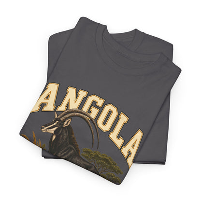 Folded Charcoal Angola Fresh Prints T-shirt showing cream collegiate ANGOLA lettering and the sable antelope’s curved horns and head.