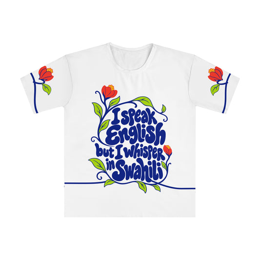Front of the Roots & Roads “I speak English but I whisper in Swahili” T-shirt with cobalt lettering, coral flowers and lime leaves on white.