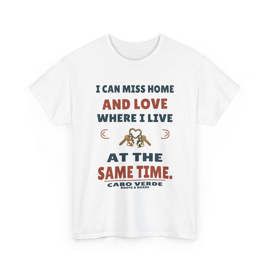 Front view of Cabo Verde Home and Here T-Shirt in White, showing the Roots & Roads printed design.