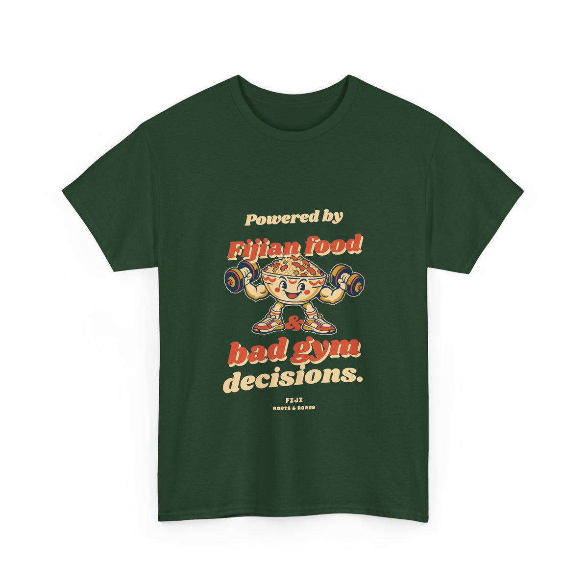 Fiji Bad Gym Decisions T-Shirt in Forest Green — front retro Fijian food lettering and a playful food character lifting weights.