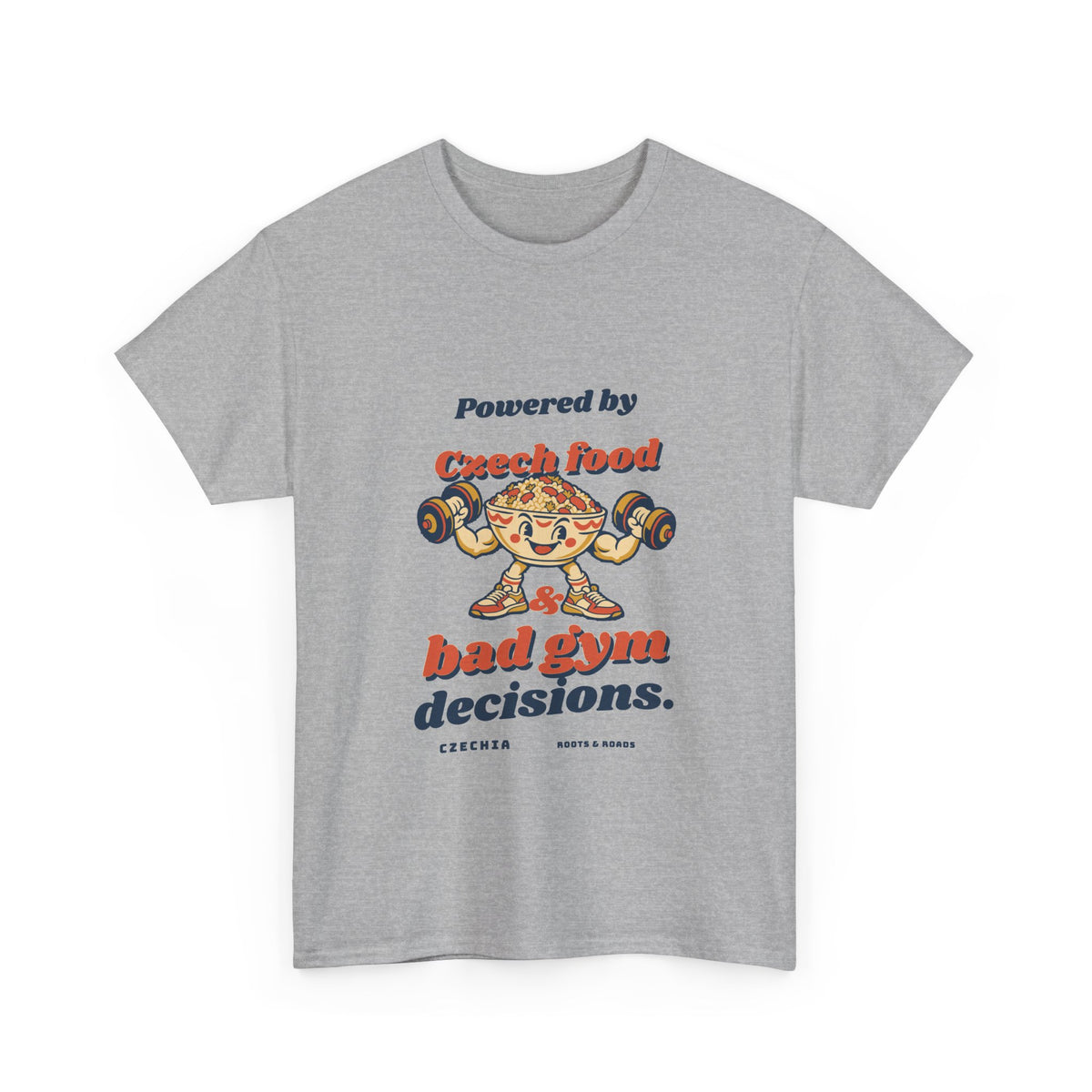 Czechia Bad Gym Decisions T-Shirt in Sport Grey, with retro Czech food lettering and a food-bowl weightlifter by Roots & Roads.